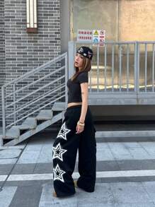 SHEIN Tween Girls Spring/Summer Tree Branch Pattern Wide Leg Casual Pants - Black - View 6