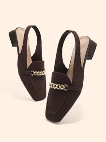 CUCCOO BASICS Women's Coffee Brown Fabric Chain Back Strap Low Heel Square Toe Flats, Suitable For Commuting, Dating, Party, Holiday For Christmas Spring Shoes - Brown - View 4