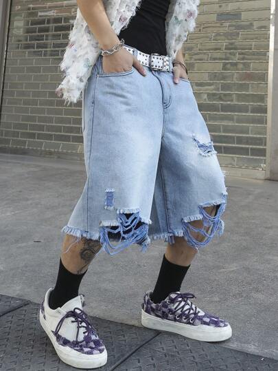 Manfinity EMRG Plus Size Men's Loose Casual Denim Shorts With Pockets & Distressing