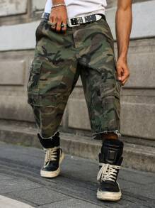 PAVTROS 男式休闲工装口袋迷彩磨边宽松牛仔短裤