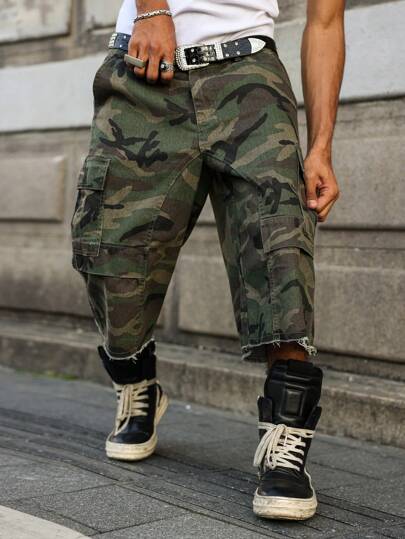 PAVTROS Manfinity Streetrush Men's Casual Cargo Pockets Camouflage Frayed Hem Loose Denim Shorts Jorts Going Out Hang Out Party Disco Street