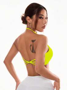 Easithlete Women Neon Green Crisscross Back Daily Fitness Sports Bra - Yellow - View 2