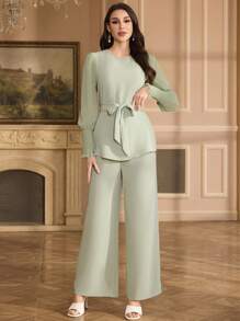 Al Najma Ensemble 2 pièces femme, Top ample en chiffon à manches et pantalon long, style arabe