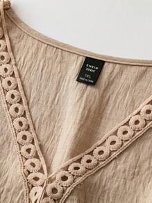 DreamSkyne Women's V-Neck Lace Trim Waist Pleated Hem Dress - Apricot - View 6