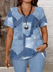 EMERY ROSE Bộ 2 chiếc áo phông in họa tiết denim chắp vá thường ngày mùa hè cỡ lớn cho nữ và quần legging dài 3/4 - Nhiều màu - Xem 3