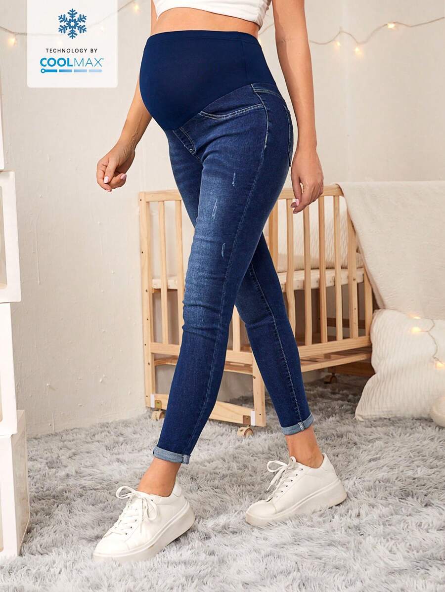 SHEIN Maternity High Waist Slim Fit Casual Versatile Denim Pants Maternity Jeans - Dark Wash - View 1