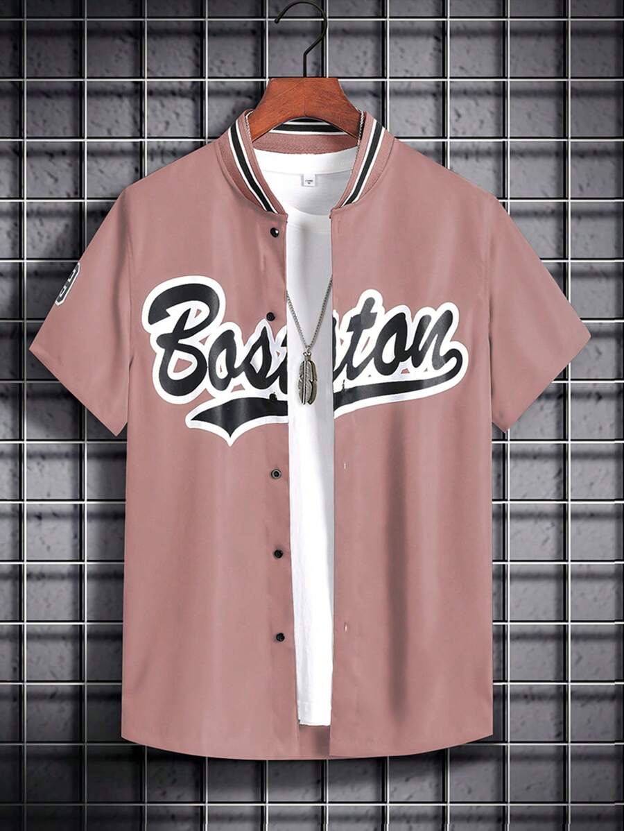 Manfinity Campus Court Short Sleeve Shirt, Simple & Fashionable, Men Summer Baseball Shirt - Pink - View 1