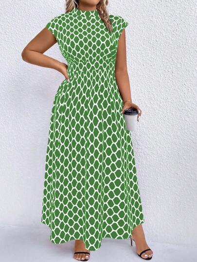 SHEIN Clasi Plus Polka Dot Print Mock Neck Dress Maxi Women Outfit