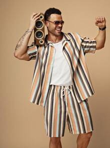 EASEVO 大码男士竖条纹宽松休闲衬衫和短裤套装 - 米色 - 查看 5