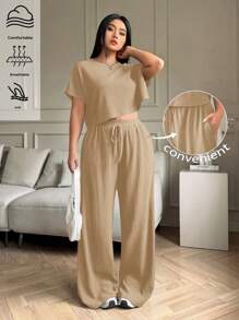 Solflare 大码纯色圆领短袖上衣和长裤休闲度假凉爽感两件套，夏季/春季女装，春假 - 卡其色 - 查看 1