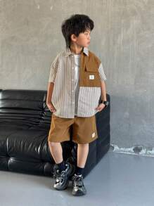 SHEIN 2pcs/Set Tween Boys Comfortable Casual Loose Fit Fashion Personalized Striped Shirt & Contrast Color Shorts Set, Suitable For Daily Wear, Sports, Outings, School, Parties, Holidays, Photoshoots, Back To School Season, Spring/Summer