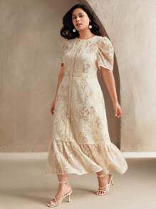 Anewsta Elegant Textured Apricot Short Sleeve Crew Neck Dress, Spring/Summer - Apricot - View 6