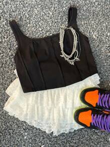 Coolane Kids Tween Girl Cool Street Style Spring/Summer Solid Seam Detail Top Little Girl Black Patchwork Top - Black - View 6