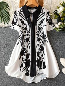 Mulvari Plus Size Floral Print Color Block Casual Resort Shirt - Multicolor - View 1