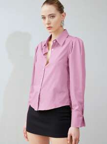 SHEIN Privé Solid Button Front Shirt Button Up Shirt Women  Fall Cloth For Women - Pink - View 5