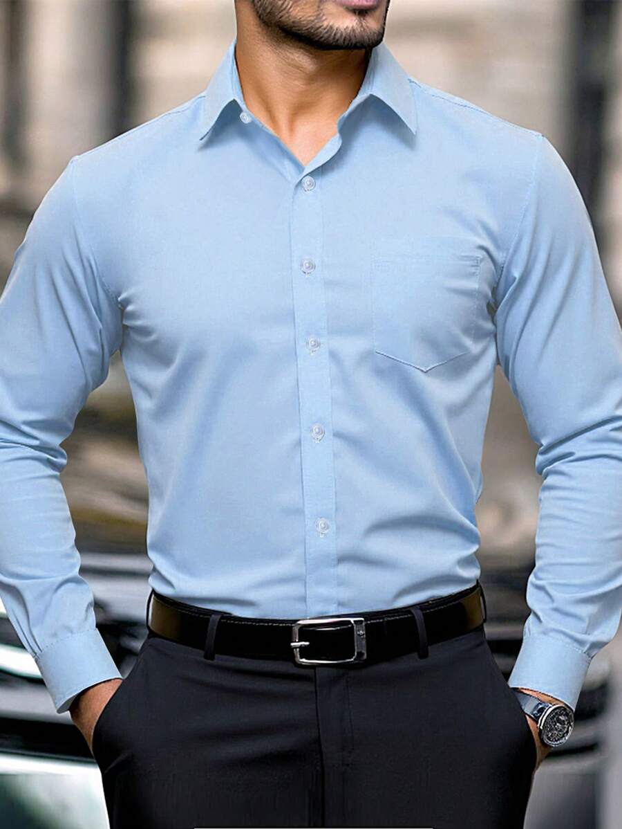 Manfinity Mode Áo sơ mi nam tay dài cài nút phía trước đơn giản, thoải mái, thích hợp mặc đi làm, mặc vào mùa thu - Màu xanh lam - Xem 1