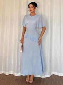 Elenzga New Women Textured Woven Fabric Round Neck Chiffon Patchwork Ruffle Sleeve Waist Cinching Casual Dress, Flattering Elegant Date Dress - Blue - View 4