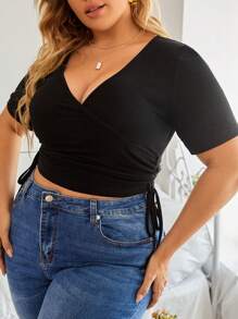 SHEIN Frenchy Plus Drawstring Ruched Top - Black - View 6