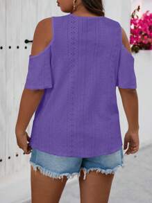 EMERY ROSE Plus Size Metallic Decor Jacquard Cold Shoulder Top For New Year Clothes - Purple - View 2