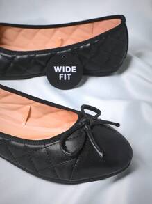 SHUZIA 女式宽版深黑色绗缝 PU 和建筑鞋头芭蕾平底鞋 - 法式几何针脚，适合早午餐到晚会 - 黑色 - 查看 5