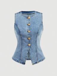 SHEIN MOD Women's Casual Washed Button Front Sleeveless Denim Shirt