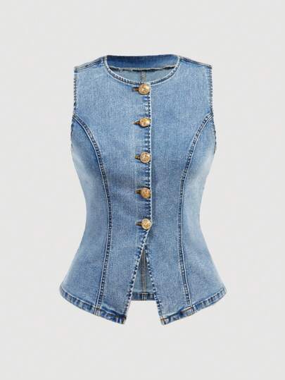 SHEIN MOD Women's Casual Washed Button Front Sleeveless Denim Shirt