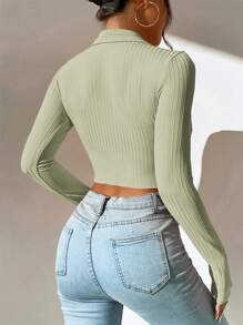 SHEIN EZwear Áo thun nữ Xù Gân đan màu trơn Giải trí - Màu xanh Ô liu - Xem 2