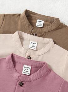 SHEIN 3pcs Baby Boy Vintage Stylish Dopamine Graphic Button-Front Short Sleeve Tops, Spring/Summer - Multicolor - View 4