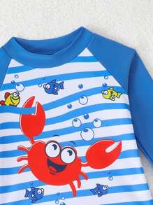 SHEIN 2pcs Baby Boy Cute Crab Graphic Raglan Sleeve Top And Striped Shorts Swimsuit Set, Suitable For Summer Beach, Pool, Swimming, Water Park, Surfing - Multicolor - View 3