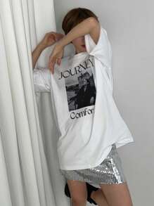 DAZY Women's Oversized Round Neck Letter & Figure Print Dropped Shoulder T-Shirt Graphic Tee Streetwear - White - View 2