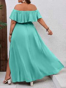SHEIN VCAY Vestido con volantes sin hombros para vacaciones de talla grande - Azul menta - Ver 2