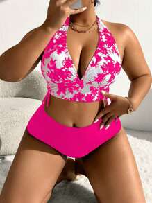 Swim Lushoire Plus Size Swimsuit Set, Functional Swimwear & Triangle Swim Trunks, Fashionable For Summer - Hot Pink - View 5