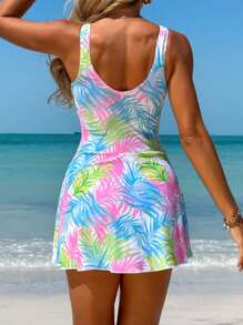Swim Lushoire 女士夏季热带植物印花连体裙、蓝色/绿色/粉色沙滩泳衣罩衫 - 彩色 - 查看 2