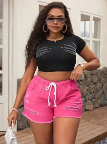 SHEIN SXY Plus Size Summer Casual Drawstring Waist Ripped Fringe Hem Denim Shorts - Hot Pink - View 6