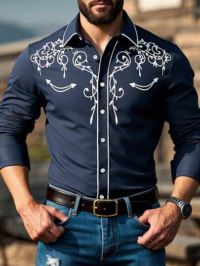 Manfinity Nomadique 男士休闲图案印花前扣长袖衬衫，男士刺绣衬衫，男士牛仔衬衫，西部衬衫，牛仔衬衫，秋季