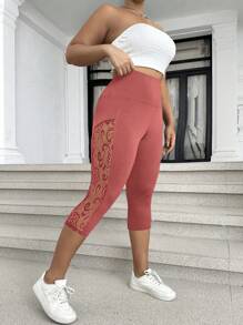 Calvaya Lace Patchwork Tight Leggings, Solid Color Fashion, Suitable For Summer - Dusty Pink - View 5