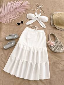 Soleia Women 2pcs Backless Halter Top And Skirt Set - White - View 3