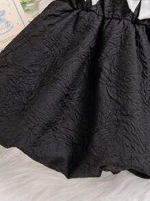 Baby Girls' Minimalist Solid Black Bow Strap Lantern Dress, Elegant For Party Wear In Summer - Black - View 7