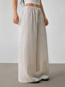 SHEIN PETITE Women's Casual Loose Striped Wide-Leg Pants Baggy - Beige - View 7