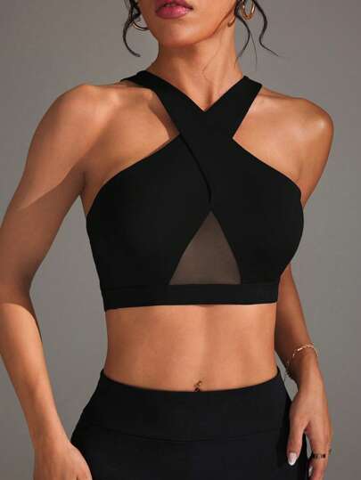 Easithlete Mesh Patchwork Criss Cross Wrap Sports BH view 5