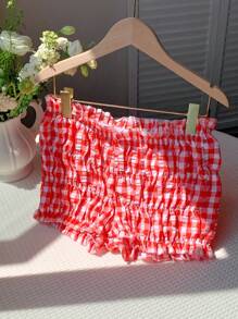 SHEIN EZwear 泡泡格灯笼蕾丝女士休闲短裤春夏荷叶边短裤夏季短裤红色短裤紧身短裤短裤>女童 - 紅色 - 查看 5