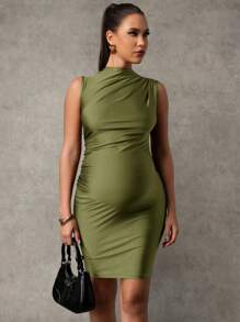MaterniChic Vestido de maternidade sem mangas com zíper frontal de cor sólida, moderno para o verão - Verde de Exercício - Ver 4