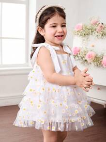 Babygirl Elegant Floral Pattern Mesh Ruffle Strap Summer Dress - White - View 1