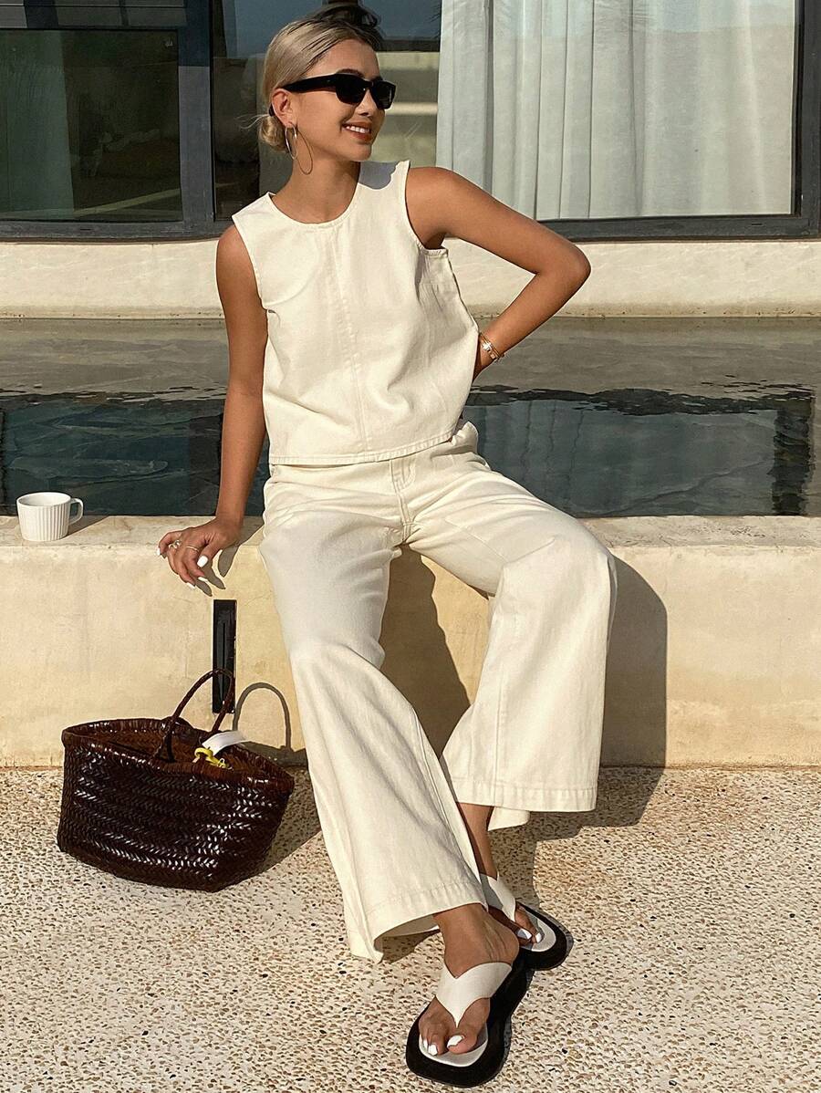 Livesso Women's Casual Summer Tank Top And Denim Pants 2 Pieces Set - Beige - View 1