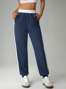 Easithlete Women's Casual Contrast Color Elastic Waist Slit Pocket Ankle Banded Pants - Multicolor - View 5