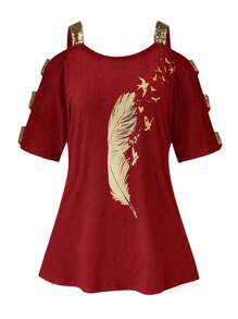 大码羽毛印花露肩领休闲T恤图案T恤女式上衣