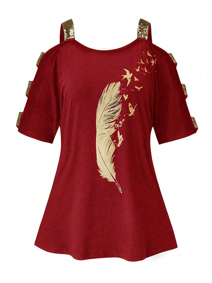 大码羽毛印花露肩领休闲T恤图案T恤女式上衣