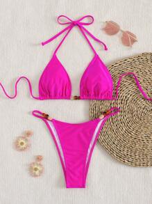 SHEIN Swim 春假夏季海滩两件套泳衣，不对称珠饰露背系带设计，性感 - 玫紅色 - 查看 5