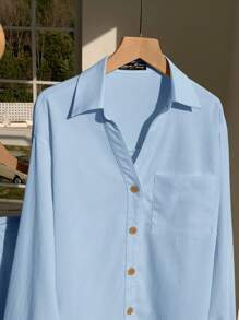 Comfortcana Spring Pastel Color Loose Long Sleeve Shirt & Shorts Set For Women - Blue - View 4