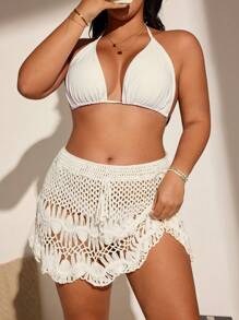 SHEIN Swim Falda de cubierta talla grande con cintura ajustable de mujer, bordada a ganchillo - Beis - Ver 6